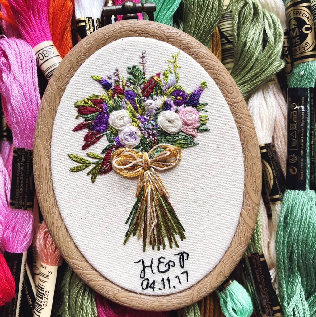 Personalised Hand Embroidered Wedding Bouquet Keepsake Anniversary gift