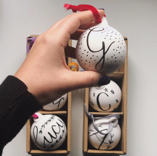 Personalised hand lettered ceramic Christmas baubles
