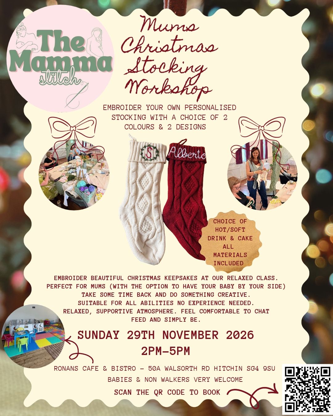 Ronans cafe -The Mamma Stitch Christmas workshop - Personalised embroidered knitted stocking