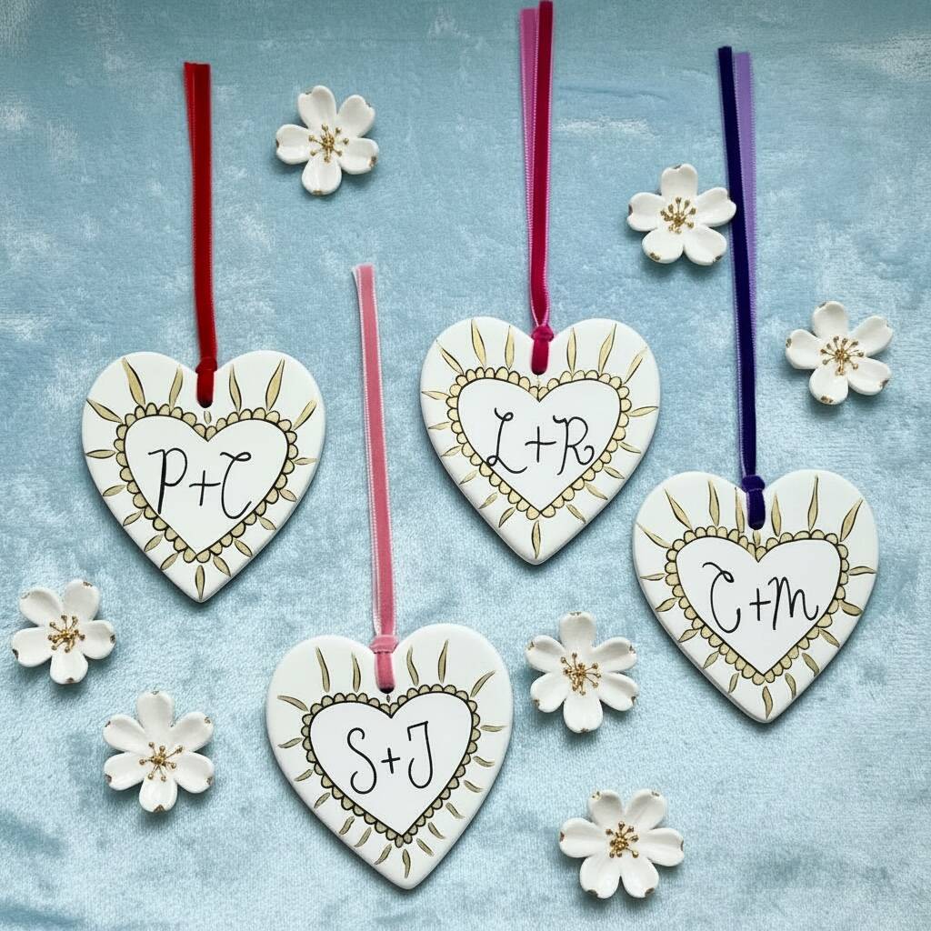 Personalised Couples Initials Ceramic Hanging Heart Valentines Gift