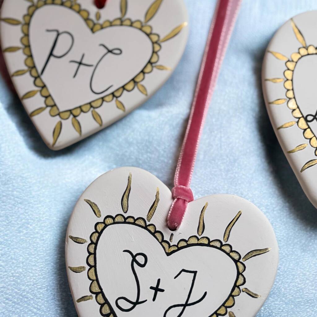 Personalised Couples Initials Ceramic Hanging Heart Valentines Gift