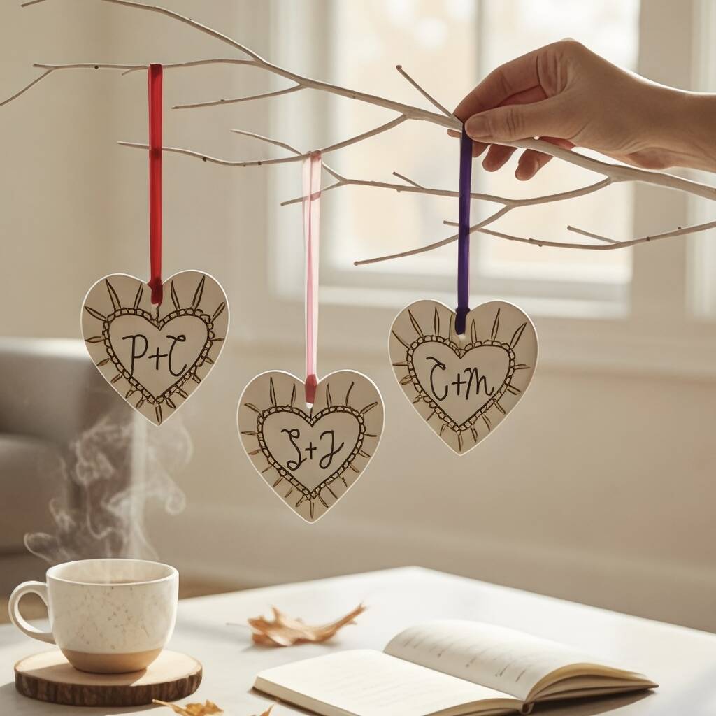 Personalised Couples Initials Ceramic Hanging Heart Valentines Gift