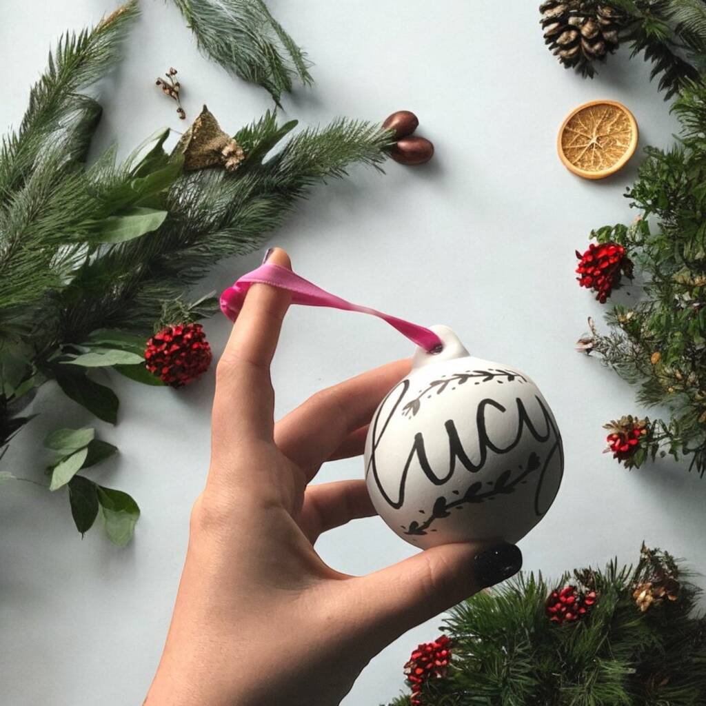 Personalised hand lettered ceramic Christmas baubles