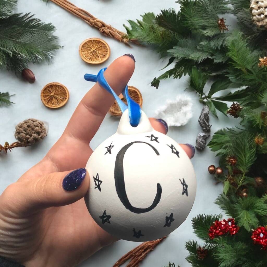 Personalised hand lettered ceramic Christmas baubles