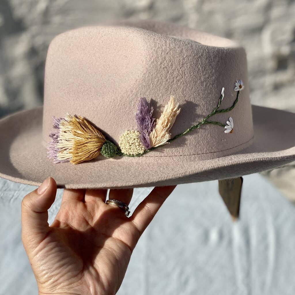 Hand Embroidered Floral Wool Fedora