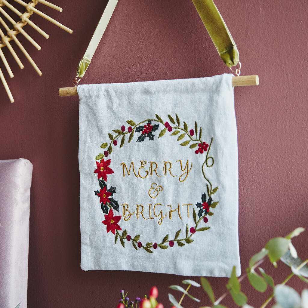 Merry And Bright Embroidered Banner