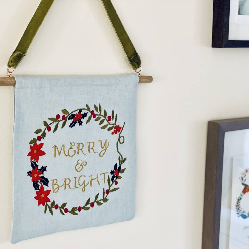 Merry And Bright Embroidered Banner
