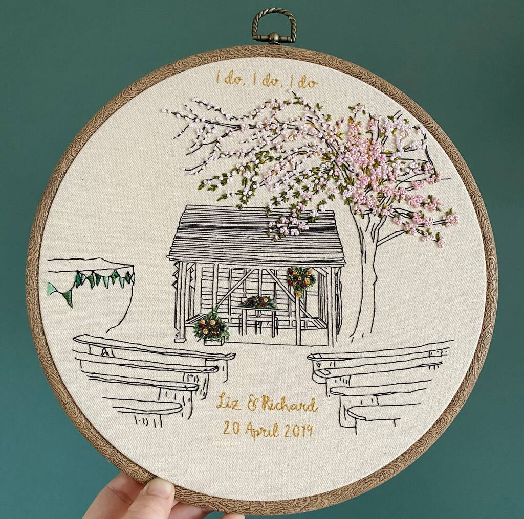 Personalised Hand Embroidered Wedding Venue Portrait